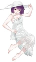 1girls arm_up armpit_crease arril100 bare_shoulders barefoot blue_eyes blunt_ends breasts cleavage closed_mouth collarbone dress female female_only koimonogatari long_dress looking_at_viewer monogatari_(series) official_alternate_costume purple_hair senjougahara_hitagi short_hair simple_background solo white_background white_hat
