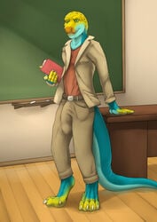 1boy 2016 5_fingers anthro balls belt big_penis blazer blue_scales book bulge chalkboard classroom claws clothed clothing collared_lizard desk front_view green_eyes grin hi_res humanoid_penis lizard lizardlars looking_at_viewer male male_only monroe_(monroethelizard) penis reptile scales scalie school smile solo standing teacher teeth thick_penis thick_tail yellow_scales