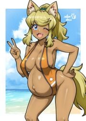 1girl :d ;d absurdres animal_ear_fluff animal_ears artist_name bare_arms bare_shoulders blonde_hair blue_eyes border breasts commentary commission dark-skinned_female dark_skin english_commentary facial_mark fangs feet_out_of_frame hand_on_own_hip highres ko-fi_commission large_breasts light_blush liru looking_at_viewer navel one_eye_closed open_mouth orange_slingshot_swimsuit outside_border ponytail pregnant renkin_san-kyuu_magical_pokaan rotomdocs slingshot_swimsuit smile solo standing star_(symbol) swimsuit tail v whisker_markings white_border wolf_ears wolf_girl wolf_tail