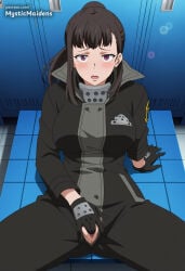 1girl ai_generated anime anime_style arm_support black_gloves black_hair blush bodysuit breasts brown_hair en'en_no_shouboutai enen_no_shouboutai female_masturbation fingering fire_force gloves hentai hi_res indoors large_breasts locker locker_room long_hair looking_at_viewer maki_oze masturbation mystic_maidens on_floor open_mouth oze_maki patreon ponytail purple_eyes pussy sitting solo spread_legs