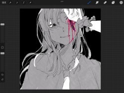 2girls alternate_hair_length_(longer) art_program_in_frame art_program_request black_background blood bow collared_shirt colored_blood commentary dated_commentary frilled_wrist_cuffs frills guro hair_bow highres injury long_hair maribel_hearn multiple_girls necktie object_in_eye open_mouth oriharareimu pen shirt solo_focus spot_color sweat touhou usami_renko wrist_cuffs