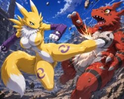 ai_generated anthro digimon feral fox_girl guilmon renamon yellow_body