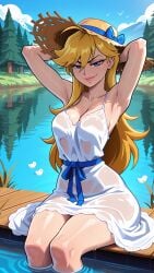 1girl 2026 2d absurd_res absurd_resolution absurdres ahoge ai_generated armpits arms_behind_head arms_up bare_shoulders bird blonde_hair blue_bow blue_eyes blue_sky bow breasts cleavage cloud collarbone day dress hair_between_eyes hat hi_res high_quality high_resolution highres image lake large_breasts lips long_hair looking_at_viewer mayrainart no_bra outdoors panty_&_stocking_with_garterbelt panty_anarchy patreon see-through sitting sky sleeveless smile soaking_feet solo straw_hat sun_hat sundress thighs tree uncensured water wet wet_clothes wet_dress white_dress