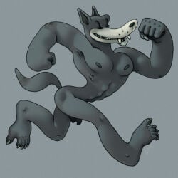 abs anthro arrogant athlete athletic canid canine canis champion_(1948) claws dark_nipples facial_markings fangs foreskin genitals grey_body grey_skin head_markings hi_res long_feet male mammal markings muscular muscular_male muzzle_(marking) pecs penis ravuer running selfish simple_background small_penis small_waist smile solo soyuzmultfilm teeth volk_(champion_1948) wolf