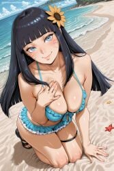 1girl ai_generated bangs beach bikini black_hair blue_bikini blue_eyes blunt_bangs blush breasts cleavage closed_mouth collarbone day female female_only flower frilled_bikini frills hair_flower hair_ornament hi_res high_quality high_resolution kanojo_ga_ore_ni_kureta_mono._ore_ga_kanojo_ni_ageru_mono. kneeling long_hair looking_at_viewer ocean outdoors patreon sand sandals savvyraexo seductive sexy shiny shiny_skin smile solo starfish sunflower swimsuit thigh_strap uncensored uzumaki_himawari water watermark