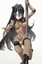 1girls alternate_version_at_source alternate_version_available bikini bikini_bottom bikini_top black_hair blue_eyes blush breasts closed_mouth doll_joints expressionless female female_only girls'_frontline girls'_frontline_2:_exilium gold_bikini horn long_hair lotan mechabare phaetusa_(girls'_frontline_2) pole pole_dancing robot robot_girl robot_joints