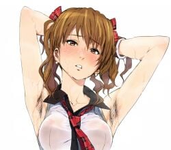 1girl armpit_hair armpits arms_up blush breasts brown_eyes brown_hair female_focus highres ishii_takamori looking_at_viewer necktie original solo wet white_background