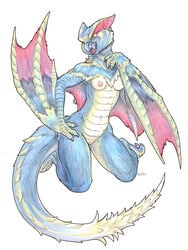 2016 anthro anthrofied beak blue_fur blue_scales breasts capcom claws english_text female flying_wyvern fur hand_on_hip iggi kneeling membranous_wings monster_hunter nargacuga navel nude open_mouth pseudowyvern pussy red_eyes scales signature simple_background slit_pupils solo teeth text toe_claws tongue video_games white_background white_gale_nargacuga wings yellow_fur