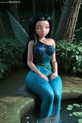 1girl ai_generated artist_name black_hair breasts brown_eyes disney disney_fairies hi_res high_quality high_resolution long_hair looking_at_viewer medium_breasts monster_girl one_eye_closed patreon patreon_username seductive sexy silvermist sitting smile solo spicytoonai uncensored water watermark web_address wet
