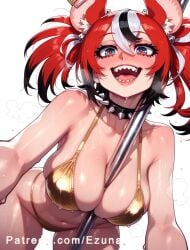 ai_generated all_fours big_ass big_breasts big_butt big_thighs bikini blue_eyes blush ezuna female female_only gold_bikini hakos_baelz hololive huge_ass huge_breasts huge_butt huge_thighs multicolored_eyes multicolored_hair pole pole_dancing red_hair wanuze wide_hips