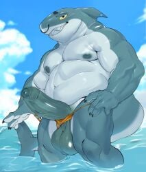 absurd_res anthro aquatic balls big_balls big_penis bikini bikini_bottom bodily_fluids claws clothing erection facial_piercing fin fish foreskin genital_fluids genitals hi_res humanoid_genitalia humanoid_penis male male_anthro multicolored_body musclegut muscular muscular_male navel nipples nose_piercing nose_ring partially_submerged penis piercing precum ring_piercing septum_piercing septum_ring shark sky solo swimwear tail two-piece_swimsuit two_tone_body ursso_(artist) yellow_sclera