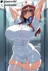 1girl ai_generated arms_up artist_name bed blue_eyes blurry_background blush bra_visible_through_clothes breasts brown_hair closed_mouth clothing curtains curvy dress female go-toubun_no_hanayome hair_between_eyes hair_over_one_eye hat headphones headphones_around_neck headwear huge_breasts indoors infirmary jennieart02 large_breasts legwear long_hair looking_at_viewer nakano_miku nurse nurse_cap patreon patreon_logo patreon_username plump short_dress short_sleeves skindentation solo standing steaming_body stretching sweat sweaty_clothes thick_thighs thighhighs thighs twitter twitter_username watermark web_address wet white_dress white_legwear white_thighhighs zettai_ryouiki