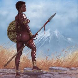 2d african african_female black_hair dark-skinned_female exposed_breasts frans_mensink mostly_nude naked outdoor_nudity outdoors spear tribal tribal_clothing tribal_markings white_body_markings