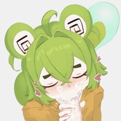 1boy 1girls blowjob clothed_female cum_in_mouth cum_inside cum_on_face eyes_closed fellatio frog_girl green_hair hand_on_penis indie_virtual_youtuber justjnabi penis sloppy swirly_eyes tadpole_tail tail virtual_youtuber vtuber