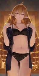 1girl absurd_res aqwariate black_bra blonde_hair bra breasts closed_mouth collarbone elf elinalise_dragonroad highres indoors lingerie long_hair mushoku_tensei navel orange_eyes panties pointy_ears solo underwear undressing