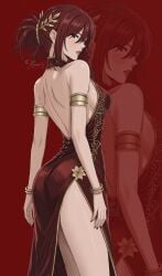 1girl absurdres armlet ass back backless_dress backless_outfit bare_shoulders bracelet bracelets breasts brown_eyes commentary dress erza_scarlet fairy_tail from_behind highres jewelry long_hair looking_at_viewer looking_back medium_breasts nail_polish painted_nails pelvic_curtain ponytail print_dress red_background red_hair shoulder_blades side_slit sideboob sidelocks simple_background sleeveless sleeveless_dress solo standing thighs