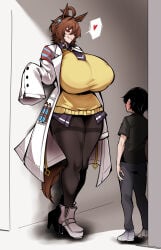 1boy 1girls a_chance_encounter agnes_tachyon_(umamusume) alleyway_milf_(meme) animal_ears areola_bulge bigger_female blush breasts_bigger_than_head bulge_through_clothing horse_girl huge_breasts labcoat no_sex owner_(artist) scientist seductive_look seductive_smile smaller_male stockings tail tall_female taller_female thick_thighs thunder_thighs umamusume umamusume_pretty_derby wide_hips