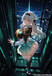 1girl ai_assisted ai_generated ass bangs black_legwear blue_eyes blush breasts curvaceous curvy curvy_female curvy_figure eyebrows_visible_through_hair female firefly_(honkai:_star_rail) from_behind hair_between_eyes headband honkai_(series) large_breasts long_hair long_sleeves looking_at_viewer miyuai night one_side_up ribbon sidelocks silver_hair skirt smile solo standing thick thick_ass thick_butt thick_hips thick_legs thick_thighs thighhighs thighs voluptuous voluptuous_female wide_hips wide_thighs