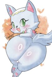 absurd_res anthro anus blue_body blue_fur blush bow_ribbon butt canid canine canis censored chihuahua dated domestic_dog female female_anthro fur genitals green_eyes heart_symbol hi_res jewelpet looking_at_viewer mammal milky_(jewelpet) multicolored_body multicolored_fur nanaeljustice open_mouth pink_body pink_fur presenting presenting_hindquarters presenting_vulva sanrio sega sega_fave signature simple_background solo toy_dog vulva