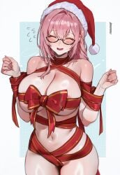 1girls ai_generated bangs bare_shoulders big_breasts blush breasts christmas cleavage closed_eyes dirresponsibly facing_viewer flying_sweatdrops glasses hair_between_eyes hands_up hat large_breasts long_hair naked_ribbon navel open_mouth pink_hair red_ribbon ribbon santa_hat smile solo striped thighs tsukishiro_yanagi zenless_zone_zero