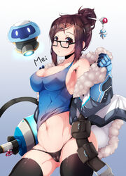 black_legwear black_panties breasts brown_eyes brown_hair cameltoe character_name erect_nipples female glasses hair_ornament hairpin looking_at_viewer mei_(overwatch) navel overwatch panties ripe.c robot short_hair snowball_(overwatch) solo tank_top thighhighs underwear undressing