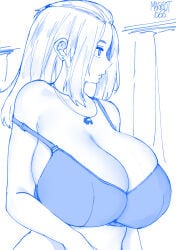 1girl absurdres artist_name bangs_pinned_back bare_arms bare_shoulders blue_theme bra breasts cleavage crewmate_(among_us) curtains curvy earrings folded_hair hair_pulled_back highres huge_breasts inne_sulistya_robin jewelry long_hair looking_away monochrome necklace no_eyewear norman_maggot original pendant sidelocks skindentation strap_slip stud_earrings underwear upper_body white_background