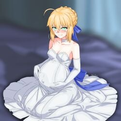 artoria_pendragon blonde blonde_female blonde_hair blonde_hair_female bride bride_gown green_eyes green_eyes_female pregnancy pregnant pregnant_belly pregnant_bride pregnant_female type-moon wedding wedding_dress
