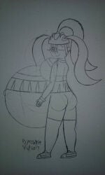 blonde_female blonde_hair_female enjoying_pregnancy female hyper_pregnancy korrina_(pokemon) pokegirl pokemon pokemon_xy pregnant pregnant_belly pregnant_female uncolored winking winking_at_viewer