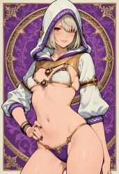 1girls ai_generated blushing bob_cut civitai final_fantasy_xiv hair_over_one_eye hand_on_hip hood lingerie nail_polish navel nymeia pinup platinum_blonde_hair pubic_hair_peek red_eyes small_breasts smiling smiling_at_viewer solo stable_diffusion
