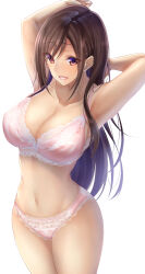 1girls bow bow_bra bra bra_and_panties brown_hair cleavage female large_breasts long_hair looking_at_viewer mole mole_under_eye navel open_mouth original original_character panties pink_bra pink_panties simple_background solo solo_female solo_focus thighs underwear white_background zeroamu