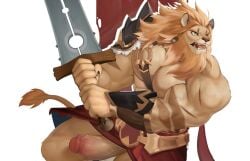 1boy abs afk_(series) afk_journey animal_ears armor bara brutus_(afk) chinese_commentary claws commentary_request fangs flaccid furry furry_male highres holding holding_sword holding_weapon lion_boy lion_ears lion_mane lion_tail looking_to_the_side male_focus multiple_scars muscular muscular_male no_shirt open_mouth pauldrons pectorals penis scar scar_on_arm shiling_(shiling_100) shoulder_armor single_pauldron sword tail weapon