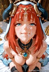 1girl after_fellatio ai_generated armlet bangs bare_shoulders black_thighhighs blue_eyes blush breasts brooch circlet closed_mouth cum cum_in_mouth cum_on_body cum_on_breasts cum_on_hair facial fake_horns gensin_impact horns jewelry kermixx lips long_hair looking_at_viewer medium_breasts neck_ring nilou_(genshin_impact) parted_bangs red_hair sitting smile solo tears thighhighs twintails veil