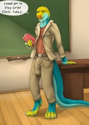 1boy 2016 5_fingers anthro balls belt big_penis blazer blue_scales book bulge chalkboard classroom claws clothed clothing collared_lizard desk dialogue english_text front_view green_eyes grin hi_res humanoid_penis lizard lizardlars looking_at_viewer male male_only monroe_(monroethelizard) penis precum reptile scales scalie school smile solo speech_bubble standing teacher teeth text thick_penis thick_tail yellow_scales