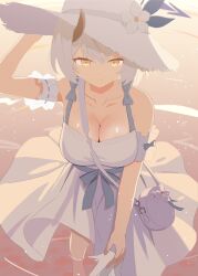 1girl absurdres arm_up bag blue_archive breasts cleavage closed_mouth commentary_request demon_girl demon_horns dress flower hat hat_flower high_heels highres holding holding_shoes holding_unworn_clothes horns large_breasts sena_(blue_archive) sena_(casual)_(blue_archive) shoes shoulder_bag smile soaking_feet solo sun_hat sundress unworn_shoes white_bag white_dress white_flower white_hair white_hat white_shoes