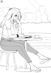 ... 1girl 3others bangs_pinned_back book breasts chair collared_shirt cup denim flip-flops from_side full_body glasses greyscale highres inne_sulistya_robin jeans large_breasts long_hair monochrome multiple_others no_shoes norman_maggot on_chair original pants reading sandals shirt short_sleeves sitting solo_focus spoken_ellipsis table teacup