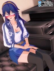 1girls 3d anus artist_name bare_thighs belt black_thighhighs blue_eyes blue_hair blue_jacket blue_skirt blush brand_of_the_exalt breasts cleavage desk embarrassed fefreak726 female female_only frilled_skirt frills garter_straps glasses hair_between_eyes heavy_blush indoors jacket long_hair long_sleeves medium_breasts navel nervous nervous_smile nintendo on_couch open_clothes open_jacket open_mouth own_hands_together shirt sitting skirt smile solo stomach sweat symbol-shaped_pupils thick_thighs thighhighs thighs tiara white_jacket white_shirt