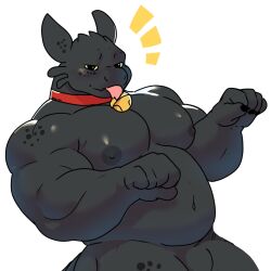 1boy bara bell belly biceps big_moobs claws closed_mouth collar commentary dragon_boy dragon_tail english_commentary furry furry_male highres how_to_train_your_dragon_(series) jingle_bell looking_at_viewer male_focus navel nipples notice_lines paw_pose pectorals plump smile tail tongue tongue_out toothless white_background yaiskis