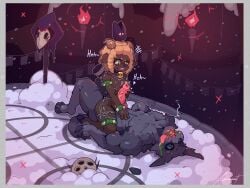 2026 2_horns absurd_res animal_genitalia animal_penis anthro armlet bell bell_collar biped black_body black_fur black_nose blood bodily_fluids bovid bracelet brown_body canid canine canine_genitalia canine_penis canis caprine chain claws cloven_hooves collar cult_of_the_lamb duo emanata english_text erection eyebrows female fire fur genitals hi_res holding_penis hooves horn imminent_sex jewelry knot lamb_(cult_of_the_lamb) larger_male laugh leglet looking_at_another looking_at_partner lying lying_on_ground male male/female mammal mask massive_monster_(studio) nude on_back on_ground open_mouth penis red_body red_crown_(cult_of_the_lamb) red_fur sharp_teeth sheep size_difference smaller_female snow spiral_pupils teeth text tongue tongue_out torch unconscious unguligrade wolf wool_(fur) xperimentss