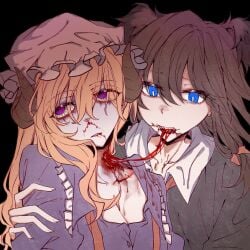2girls alternate_eye_color animal_ears biting black_background black_capelet blonde_hair blood blood_from_eyes blood_from_mouth bloodshot_eyes blue_eyes bow breasts brown_hair buttons cannibalism capelet cleavage collarbone collared_shirt commentary contrast_collar dog_ears dog_girl dying flesh frilled_shirt_collar frills guro hair_between_eyes hair_bow hand_on_another's_arm hat highres horns kemonomimi_mode long_hair maribel_hearn missing_headwear mob_cap multiple_girls necktie nosebleed oriharareimu partially_open_shirt purple_eyes red_bow red_necktie sharp_teeth sheep_girl sheep_horns shirt tears tears_from_one_eye teeth touhou turn_pale undone_necktie usami_renko white_hat