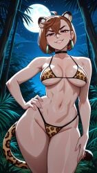 1girl 2026 2d absurd_res absurd_resolution absurdres ahoge ai_generated animal_ears animal_print ayase_momo bikini black_choker breasts brown_eyes brown_hair choker collarbone cowboy_shot dandadan earrings fake_animal_ears forest full_moon grin hair_between_eyes hand_on_own_hip hi_res high_quality high_resolution highres image jewelry large_breasts leopard_ears leopard_print leopard_tail looking_at_viewer mayrainart moon nature navel night night_sky outdoors patreon print_bikini red_eyes short_hair sky smile solo star_(sky) stomach swimsuit tail thighs tree uncensured
