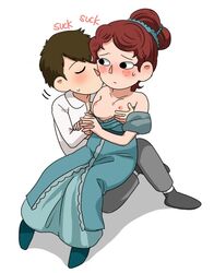 1boy 1girls beatrice_(otgw) blue_dress blue_hair_ornament blush breast_grab breasts breasts_out brunette cartoon_network freckles gnome-no hand_holding kissing kissing_cheek over_the_garden_wall simple_background sitting_on_lap tied_hair white_background white_shirt wirt_(otgw)