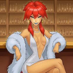 1girls ai_generated cartoon_network dress female female_only fur_coat fusionfall green_eyes kiva_andru megas_xlr pearl_necklace red_hair solo solo_female