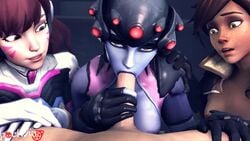 3d 3girls animated areolae bodysuit breasts brown_hair d.va erection exposed_breasts fellatio female gloves handjob human medium_breasts multiple_females nipples no_sound oral overwatch penis pockyinsfm pov purple_skin small_breasts source_filmmaker straight tracer voyeur video whisker_markings widowmaker