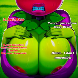 1girls ai_generated areola_slip areolae badendbat_(artist) breast_focus breasts_bigger_than_head cleavage dialogue eyes_out_of_frame facing_viewer green_skin gritted_teeth hands_on_breasts hands_on_own_chest lips nails novelai offscreen_character plant_girl plants_vs_zombies purple_clothing rose_(pvz) self_upload sweaty teeth