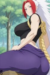 1female 1girl 1girls 2026 ai_generated artist_name ass bangs bare_shoulders big_ass big_breasts blue_eyes blush breasts closed_mouth crop_top curvy from_behind grey_eyes hi_res high_quality high_resolution highres huge_ass huge_breasts large_breasts left_(yomi_no_tsugai) long_hair looking_at_viewer looking_back multicolored_hair outdoors pants patreon patreon_username ponytail red_hair rope shimenawa sitting sleeveless smile solo tree two-tone_hair unjobdespiert watermark white_hair yomi_no_tsugai