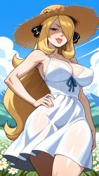 1girl 2026 2d absurd_res absurd_resolution absurdres ai_generated bare_shoulders blonde_hair blue_sky breasts cleavage cloud covered_nipples cynthia_(pokemon) day dress flower grey_eyes hair_ornament hair_over_one_eye hand_on_own_hip hat hi_res high_quality high_resolution highres image large_breasts long_hair looking_at_viewer mayrainart nintendo outdoors patreon patreon_username pokemon see-through sky sleeveless sleeveless_dress solo straw_hat sun_hat sundress thighs tongue tongue_out uncensured very_long_hair white_dress