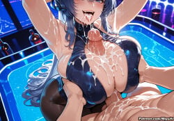 1boy 1girl ai_assisted ai_generated armpits azur_lane bangs bare_shoulders blue_eyes blush breasts cleavage cleavage_cutout clothed_female_nude_male covered_navel cum cum_in_mouth cum_on_body cum_on_breasts cum_on_clothes cum_on_hair cum_on_upper_body curvaceous curvy curvy_female curvy_figure erection eyebrows_visible_through_hair facial female heart heart-shaped_pupils hetero huge_breasts large_breasts leotard long_hair looking_at_viewer miyuai new_jersey_(azur_lane) nude open_mouth out_of_frame paizuri pantyhose penis pool pov smile solo_focus thick thick_ass thick_butt thick_hips thick_legs thick_thighs tongue tongue_out very_long_hair voluptuous voluptuous_female wide_hips wide_thighs