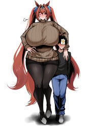 1boy 1girls animal_ears bigger_female blush breasts_bigger_than_head curvy_figure daiwa_scarlet_(umamusume) fully_clothed heels horse_girl huge_breasts one_eye_closed owner_(artist) shy smaller_male smug stockings tail taller_female thick_thighs thunder_thighs trainer_(umamusume) turtleneck twintails umamusume umamusume_pretty_derby white_background wide_hips