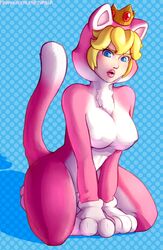 animal_costume animal_ears blonde_hair blue_eyes breasts cat_costume cat_ears cat_peach cat_tail crown female fully_clothed looking_at_viewer mario_(series) marmalademum nintendo nipples princess_peach solo super_mario_3d_world tail