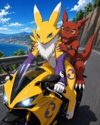 ai_generated bike digimon fox_girl guilmon renamon yellow_body yellow_fur